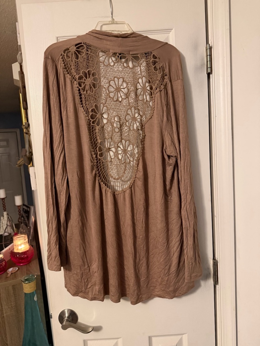 Light Brown Crochet-Back Open Cardigan - Picture 3 of 6